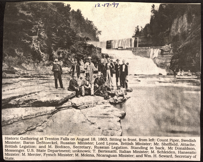 Historic Gathering at Trenton Falls on August 18, 1863: Count Piper-Swedish Minister, Baron DeStoeckel-Russian Minister, Lord Lyons-British Minister, Mr. Sheffield-Attache of British Legation, M. Bodisco-Secretary of Russian Legation, Mr. Donaldson-Messenger of U.S. State Dept., unknown, T. Bertenatti-Italian Minister, M. Schleiden-Hanseatic Minister, M. Mercier-French Minister, M. Molena-Nicaraguan Minister, William H. Seward-Secretary of State.