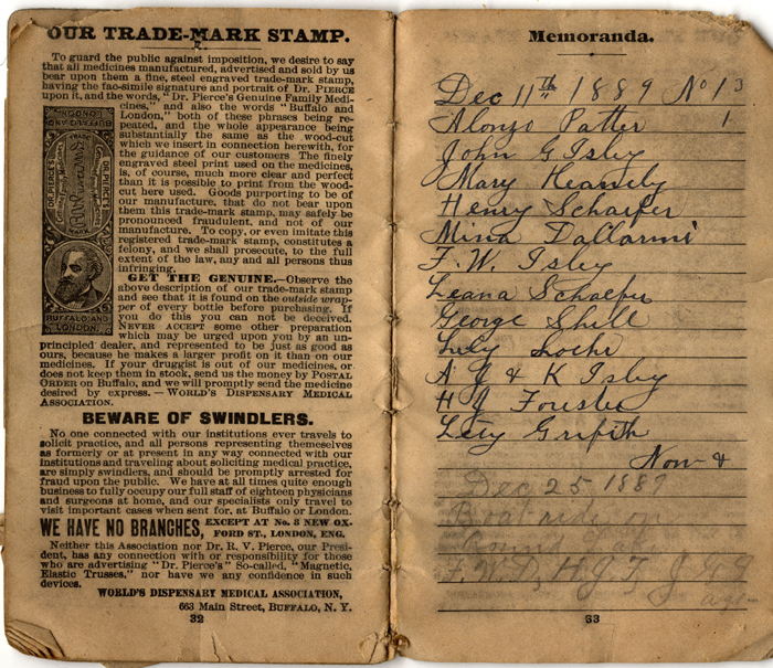 memorandum account book 1889 016: entry mentions the following names: Alonzo Patter, John G. Isley, Mary Keanely, Henry Schaefer, Mina Dallarmi, F.W. Isley, Leana Schaefer, George Shell, Lily Soehr (?), A.J. and K. Isley, H.J. Foresbe (?), Lily Grifith (?).