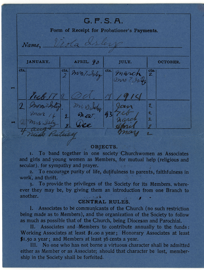 girls friendly society card isley viola 1912