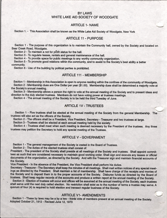 white lake aid society of woodgate bylaws 1912