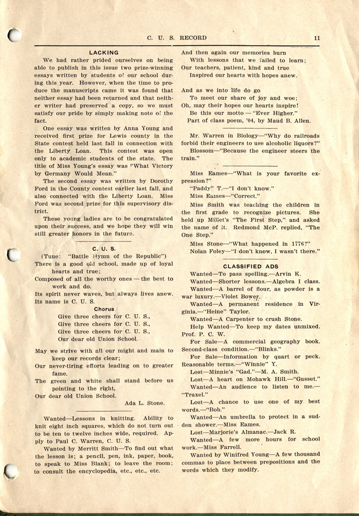 constableville union school news 1917 1918 003 page 11
