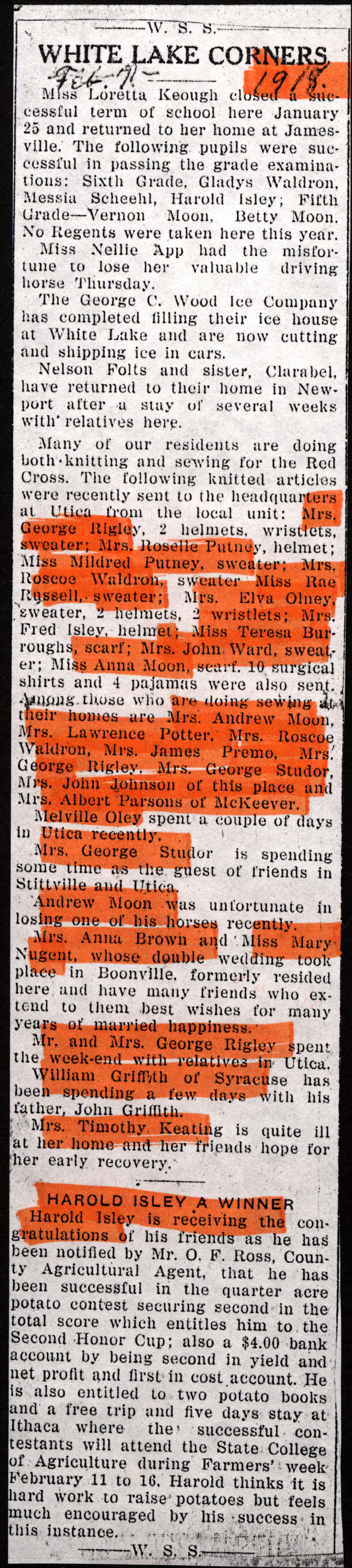 white lake corners news boonville herald feb 7 1918
