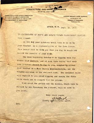 boys and girls potato contest letter 1918