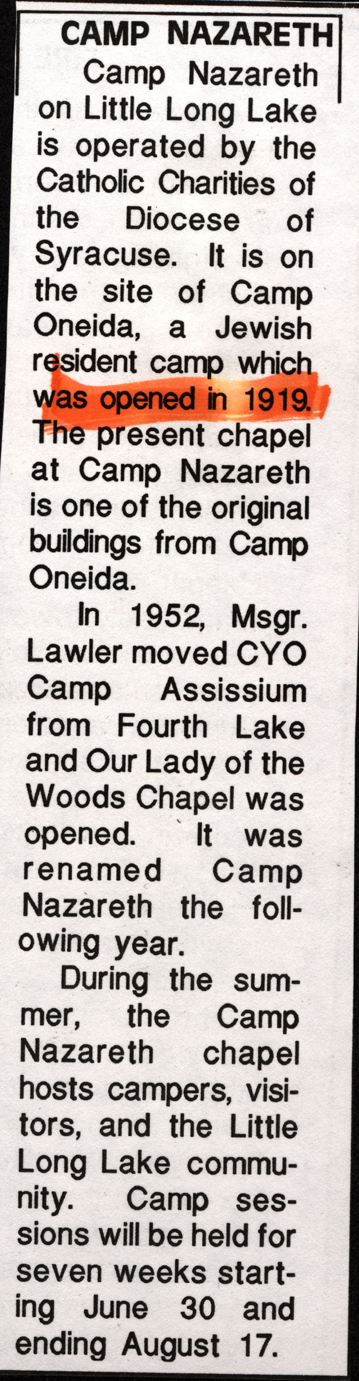 camp nazareth white lake 1919