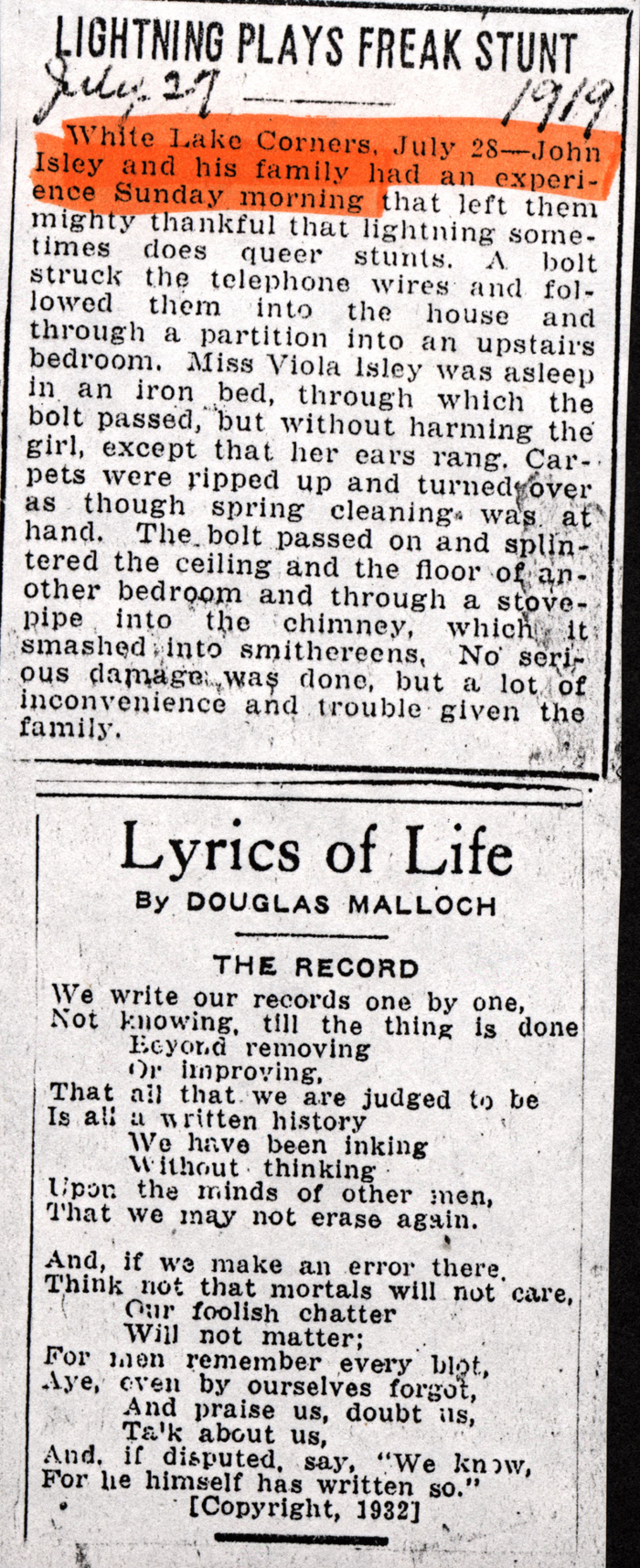 lightning plays freak stunt july 27 1919