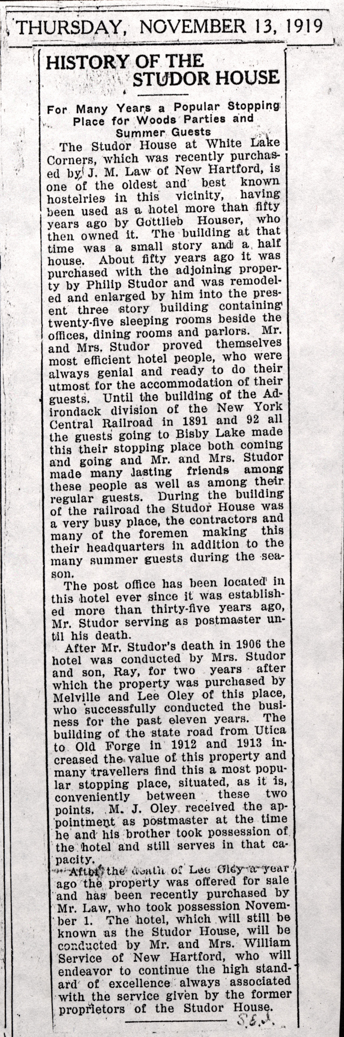white lake corners news studor house boonville herald nov 13 1919