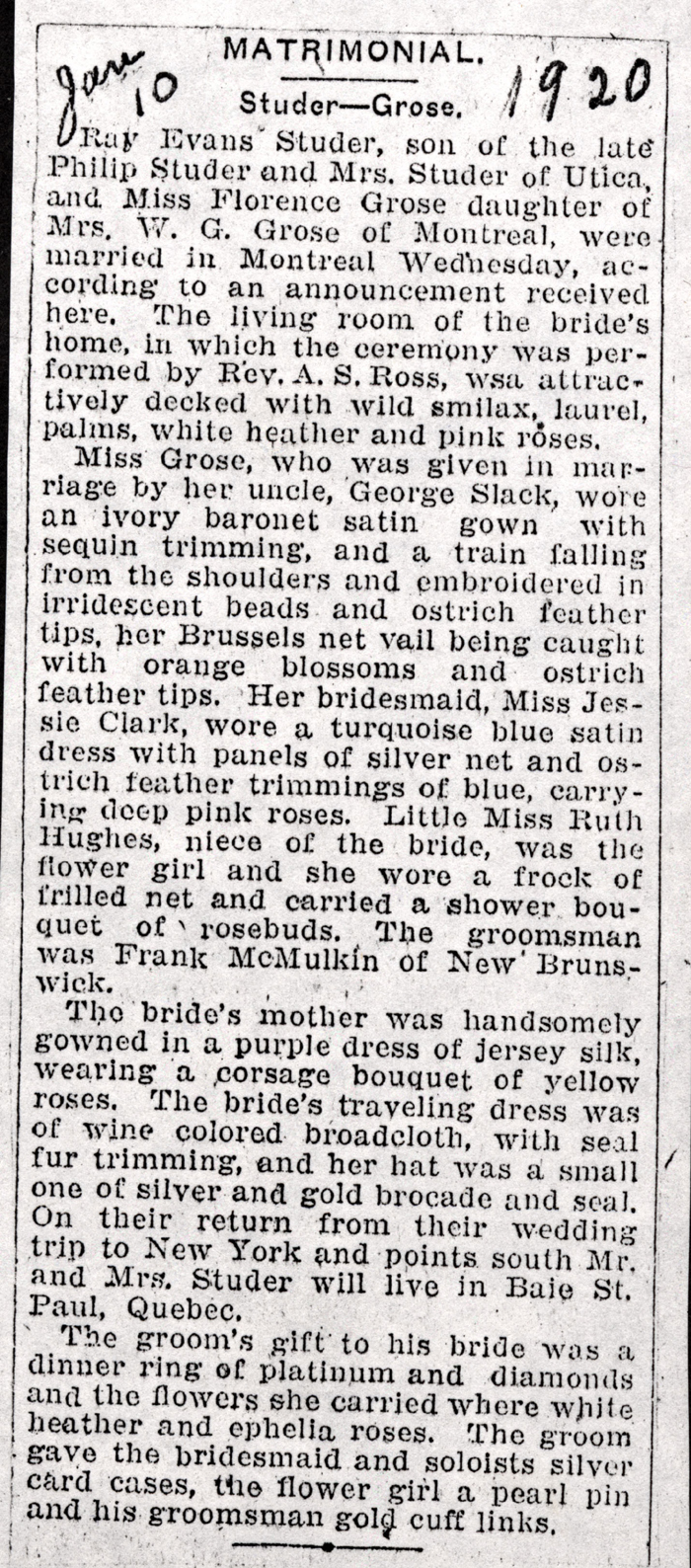 studer ray evans grose florence married jan 10 1920