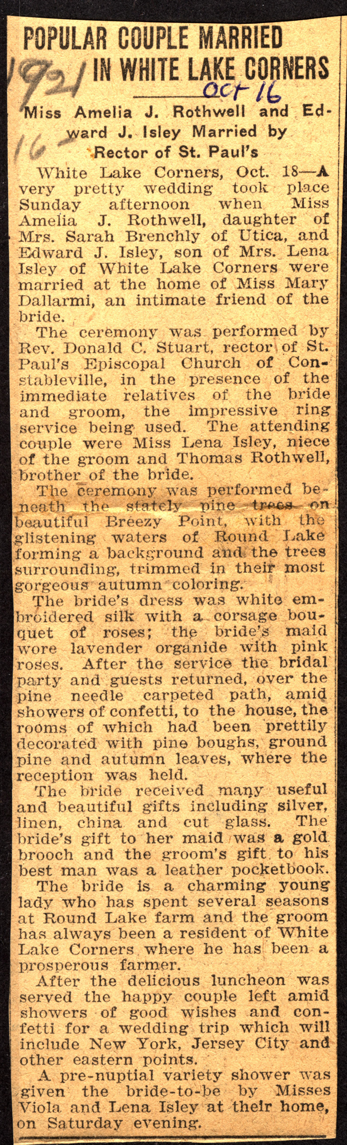 isley edward rothwell amelia married oct 18 1921