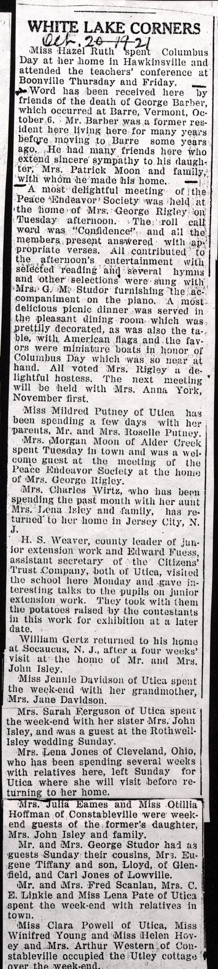 white lake corners news boonville herald oct 20 1921
