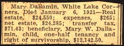dallarmi mary estate disclosure after death 1921