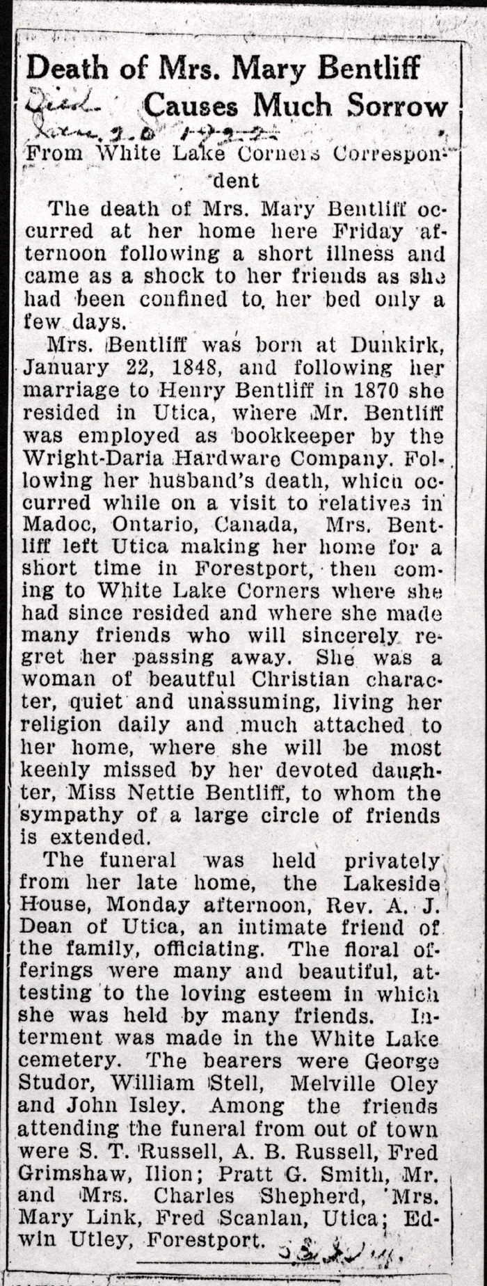 bentliff mary obit