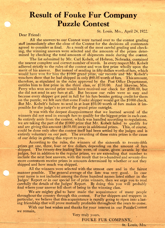 fouke fur company contest results 1922 001