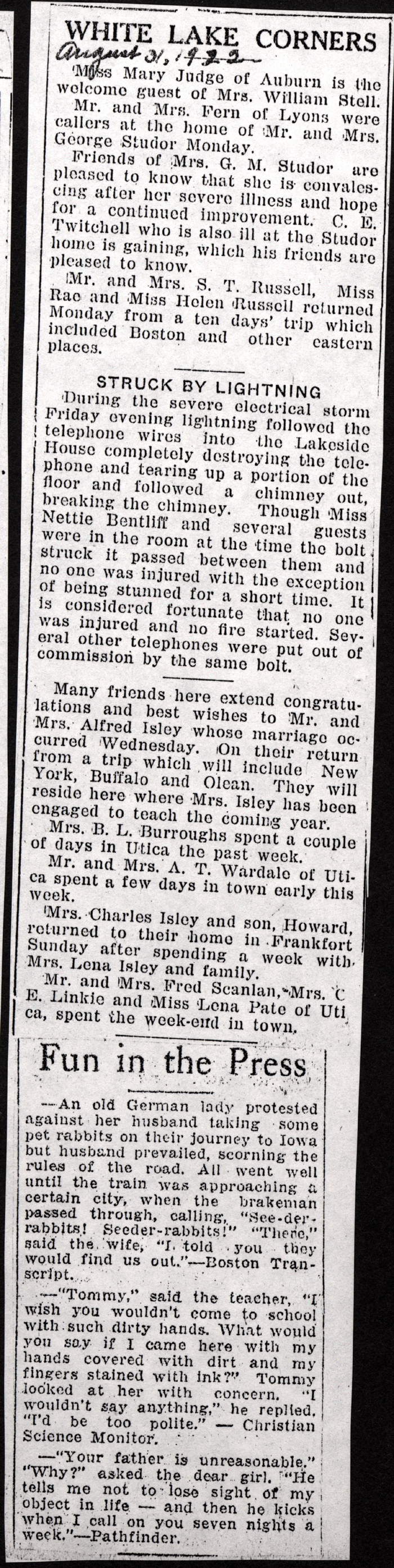white lake corners news boonville herald aug 31 1922