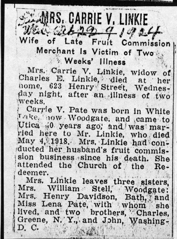 linkie carrie v pate obit