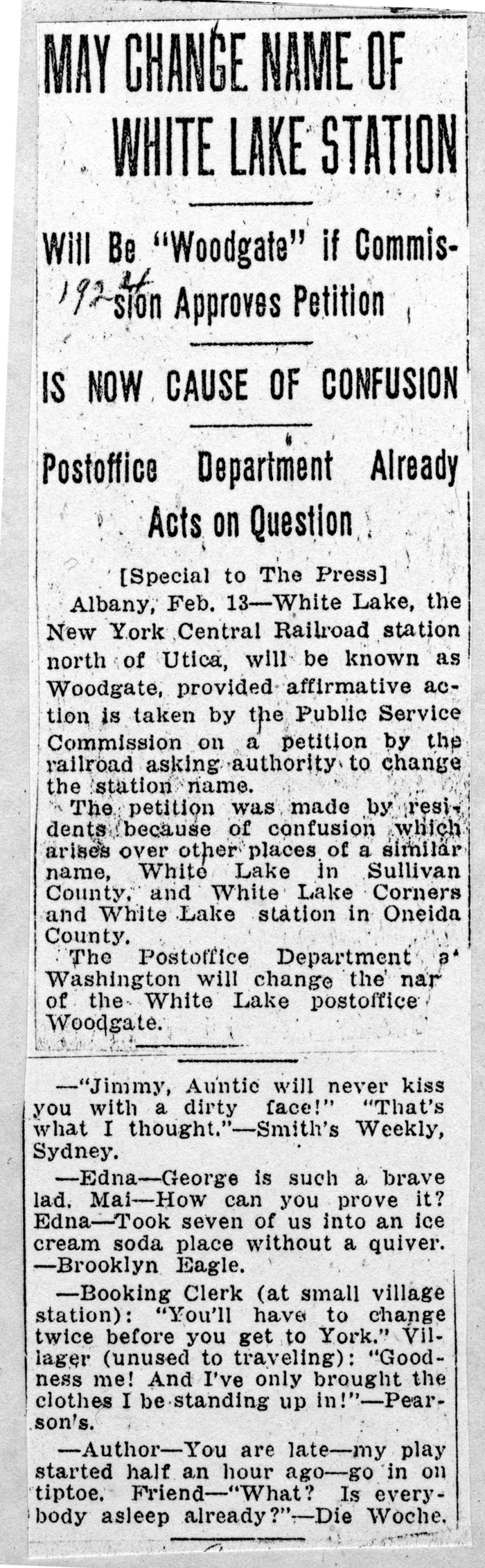 may change name of white lake station 1924