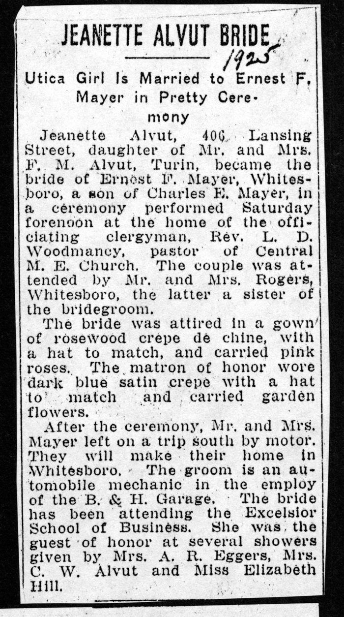 alvut jeanette mayer ernest f married saturday 1925