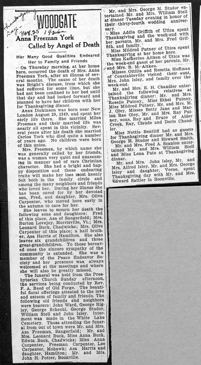 freeman anna dickenson obit november 25 1926