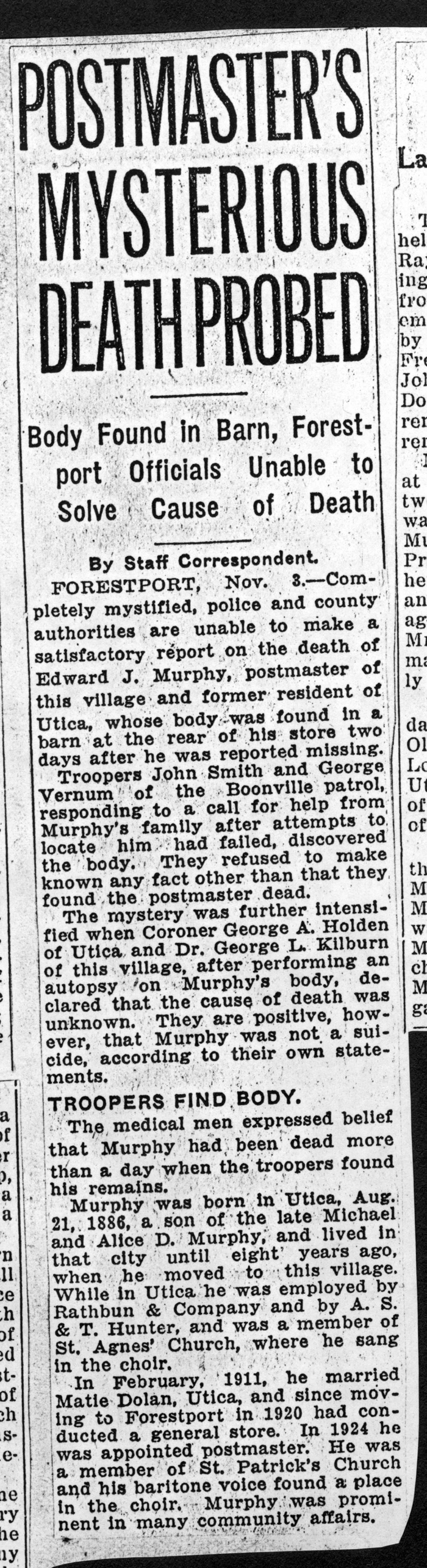 murphy edward j postmaster found dead november 3 1926