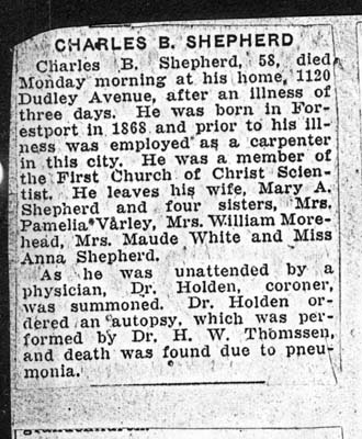 shepherd charles b obit 1926