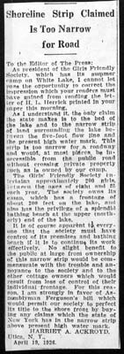 white lake land title dispute shoreline strip claimed is too narrow for road april 19 1926