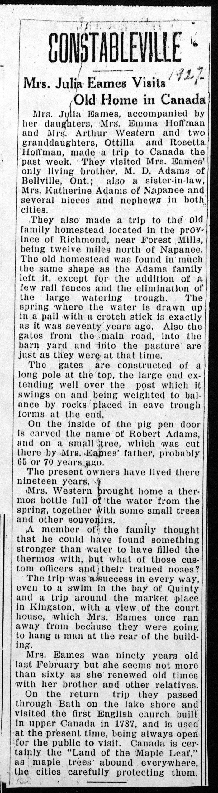 mrs julia eames visits old home in canada 1927