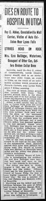 roy c abbey dies in car crash ezra bellinger injured april 1927