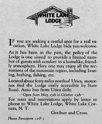 white lake lodge advertisement 1927