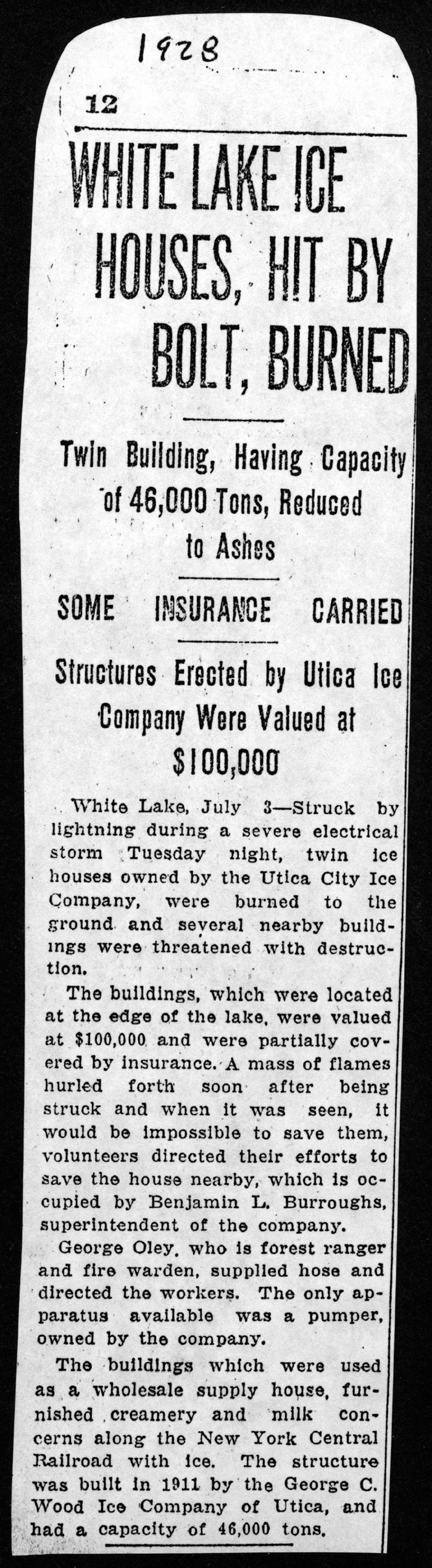 white lake ice houses hit by bolt and burned july 4 1928