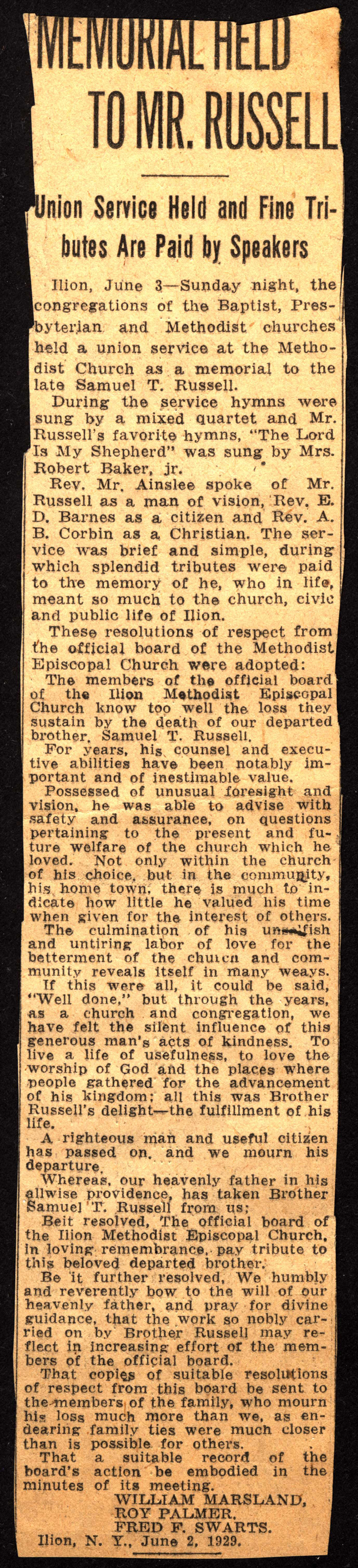 russell samuel t memorial held june 3 1929