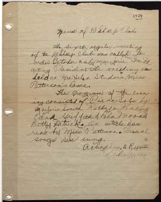 b sharp club meeting minutes secretary lela moon october 24 1929