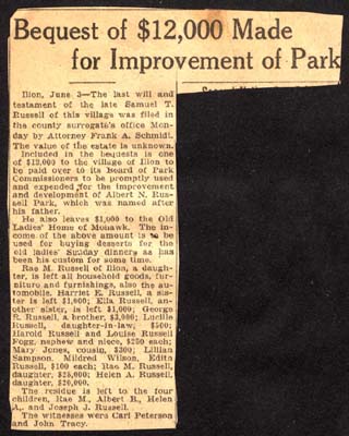 samuel t russell 12000 dollar bequest to village of ilion for albert n russell park june 3 1929