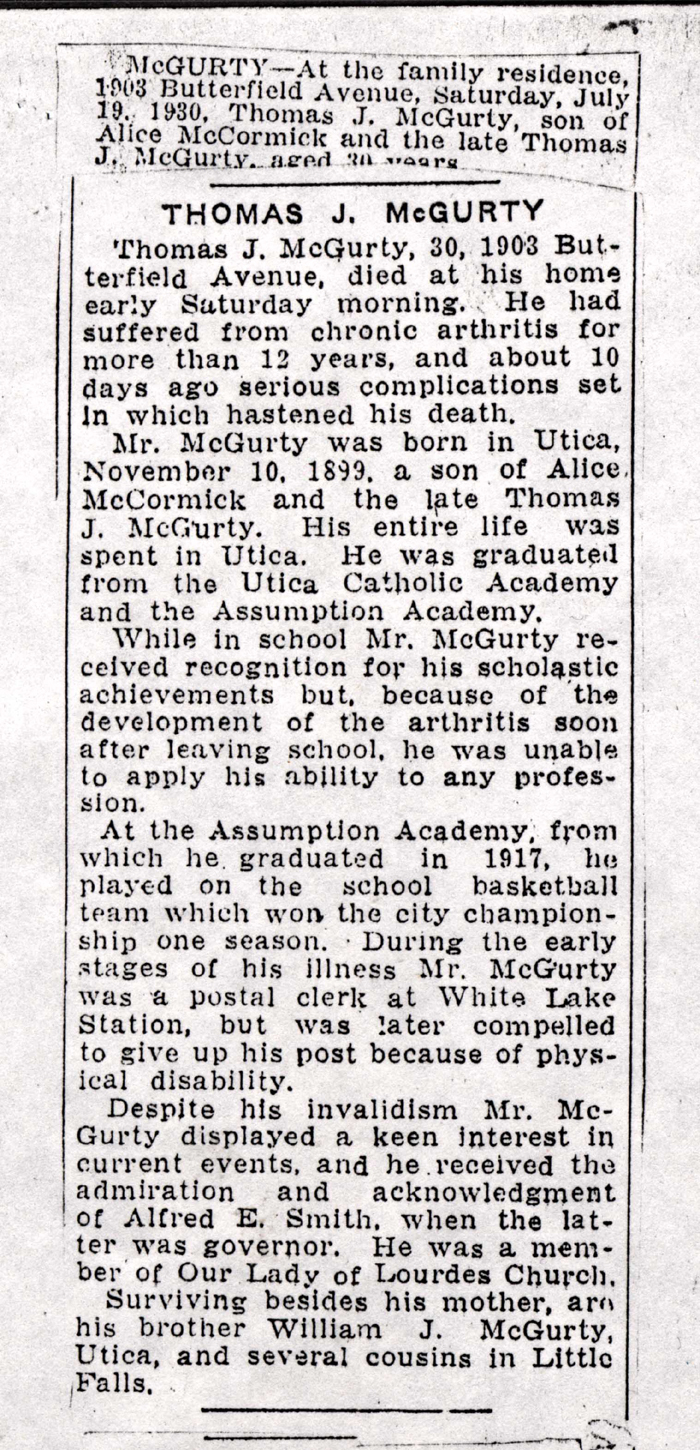 mcgurty thomas j obit 1930