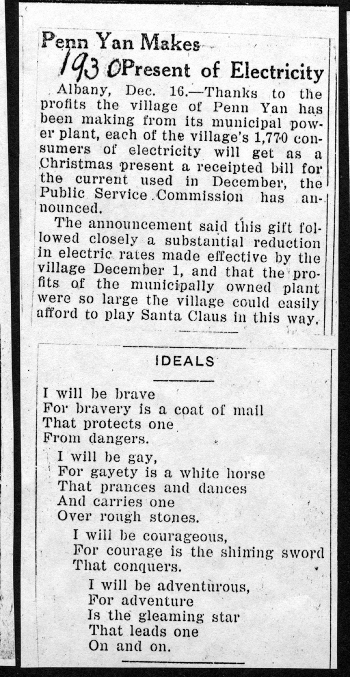 penn yan makes present of electricity december 16 1930