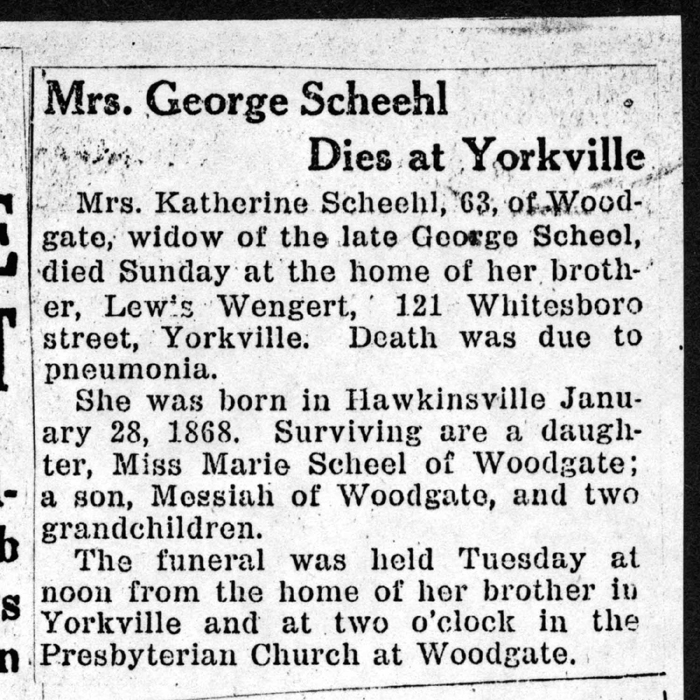 scheehl katherine wengert wife of george obit 1931