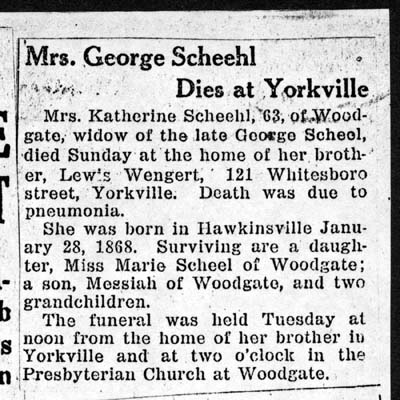 scheehl katherine wengert wife of george obit 1931