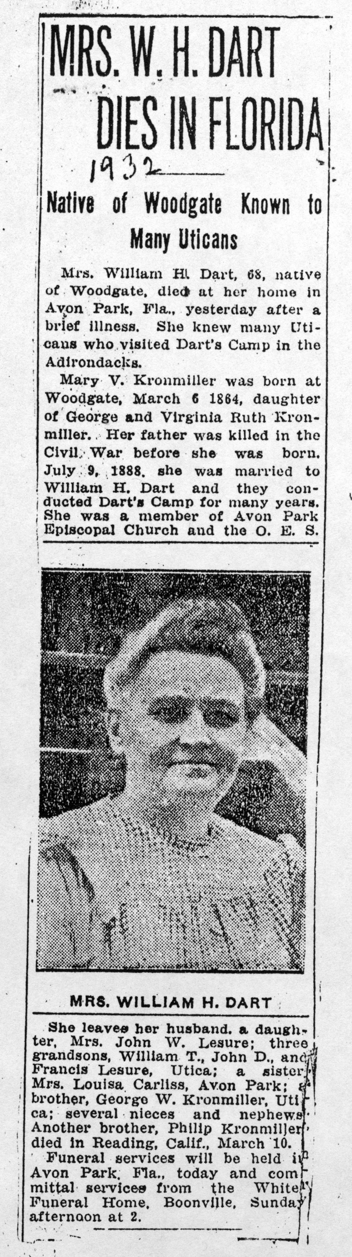 dart mary v kronmiller wife of william h obit 1932
