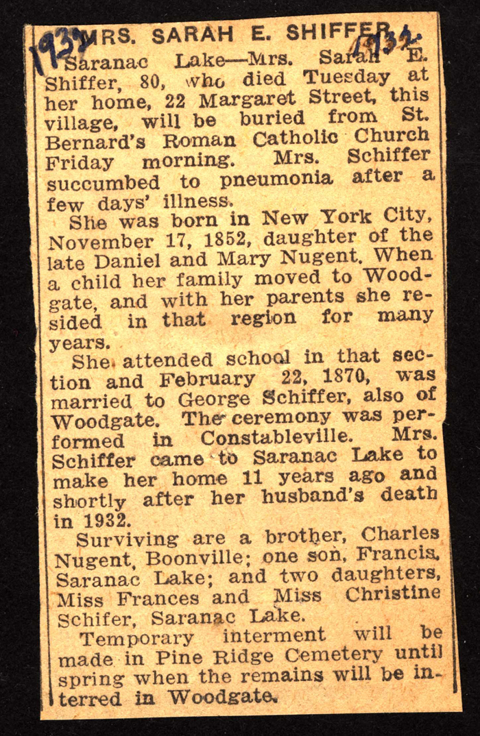 shiffer sarah e nugent wife of george obit 1932