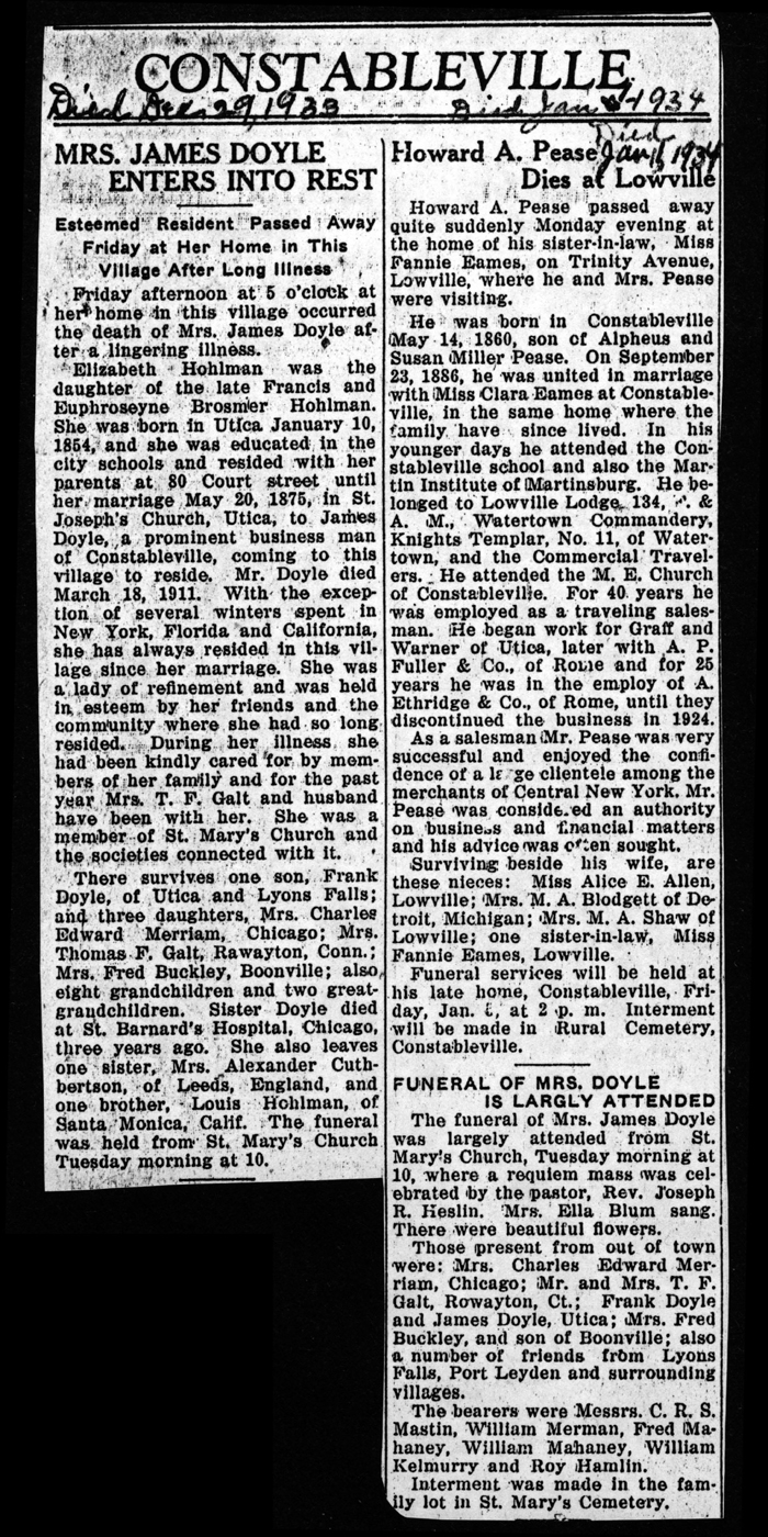 doyle elizabeth hohlman wife of james obit december 29 1933