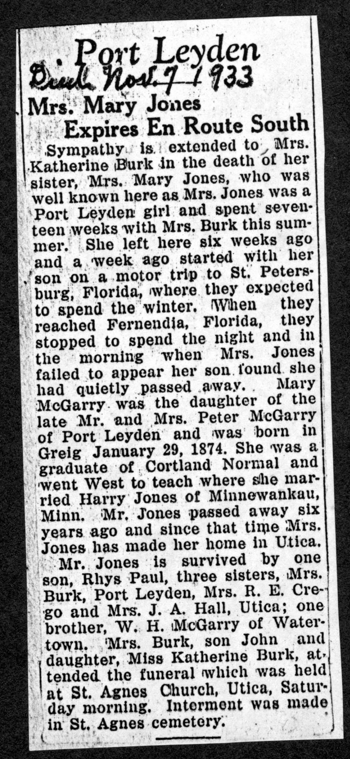 jones mary mcgarry wife of harry obit november 7 1933