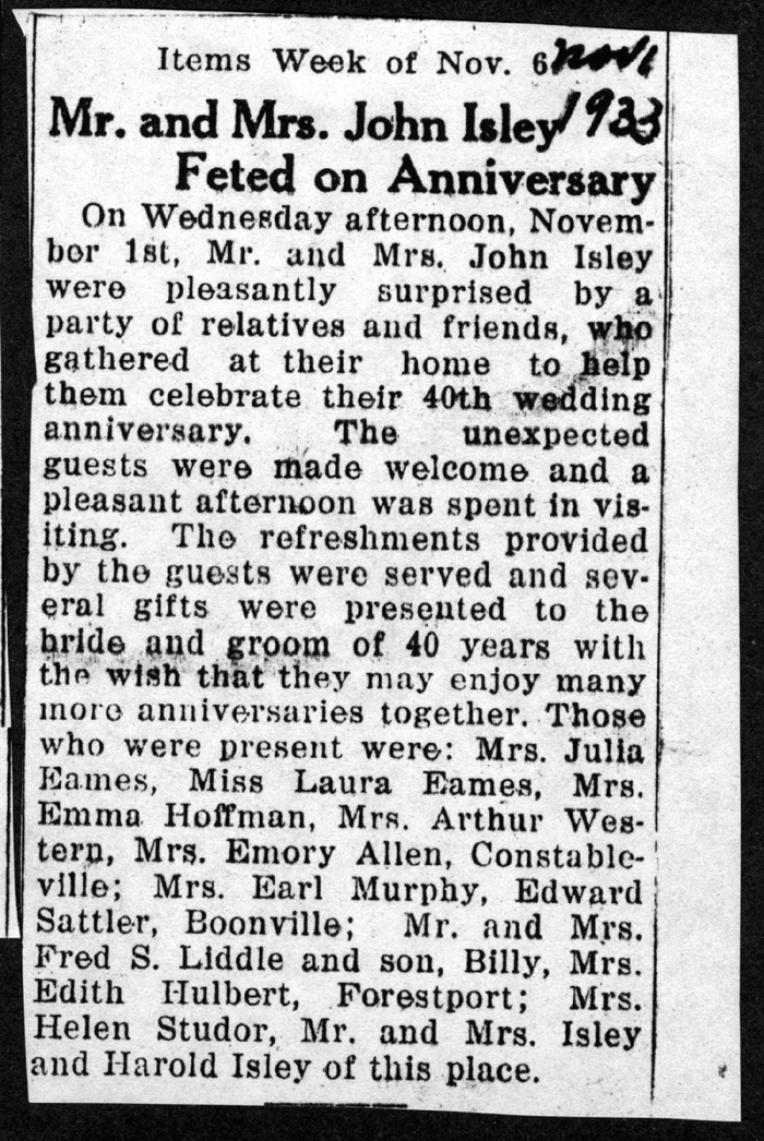 mr and mrs john isley 40th wedding anniversary november 1 1933