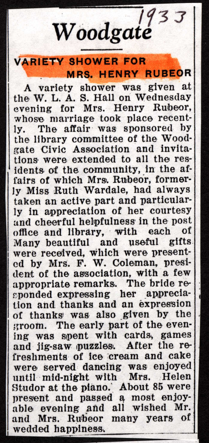 rubyor ruth wardale wife of henry wedding shower 1933