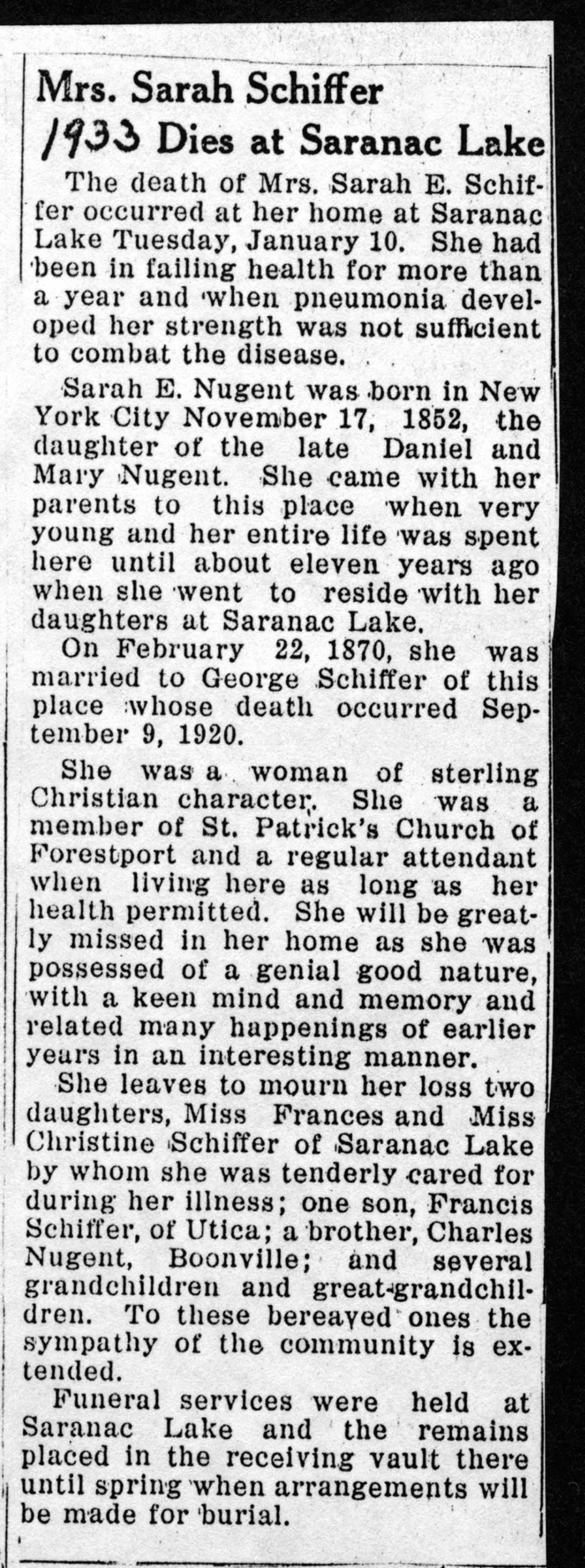 shiffer sarah e nugent wife of george obit january 10 1933