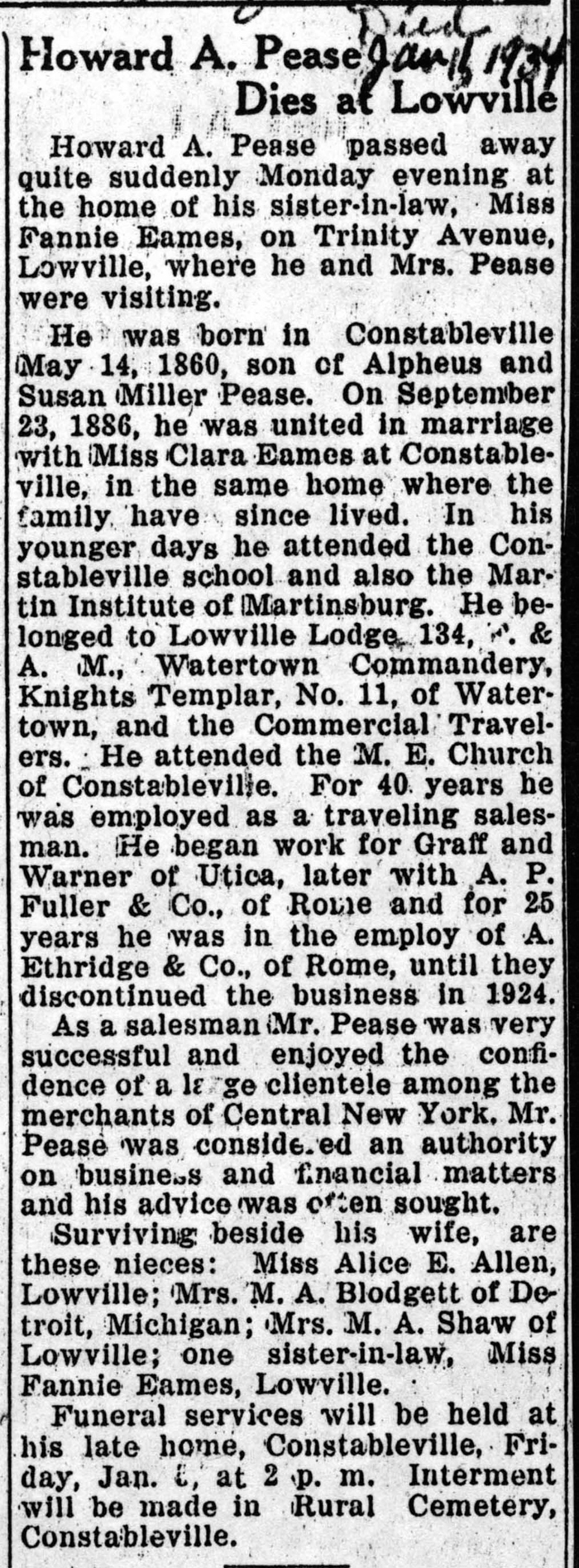 pease howard a husband of clara eames obit january 11 1934