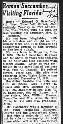 sasenbery edward g husband of frederica isley obit jan 30 1934