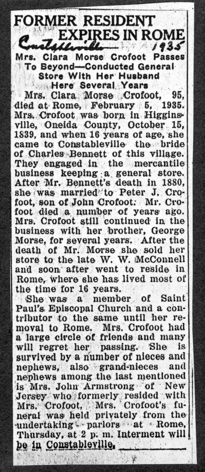 crofoot clara morse bennett obit february 5 1935