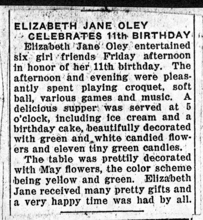 elizabeth jane oley celebrates 11th birthday 1935