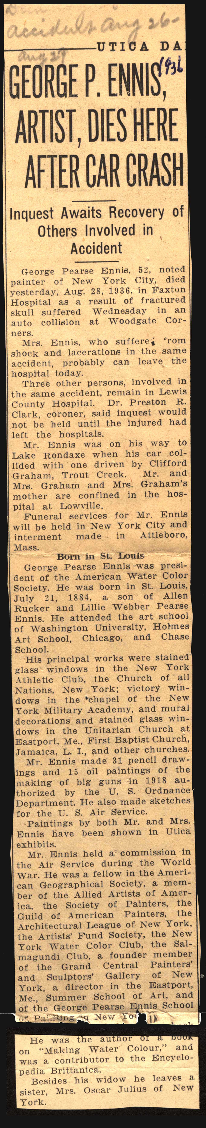 artist ennis george pearse obit august 28 1936