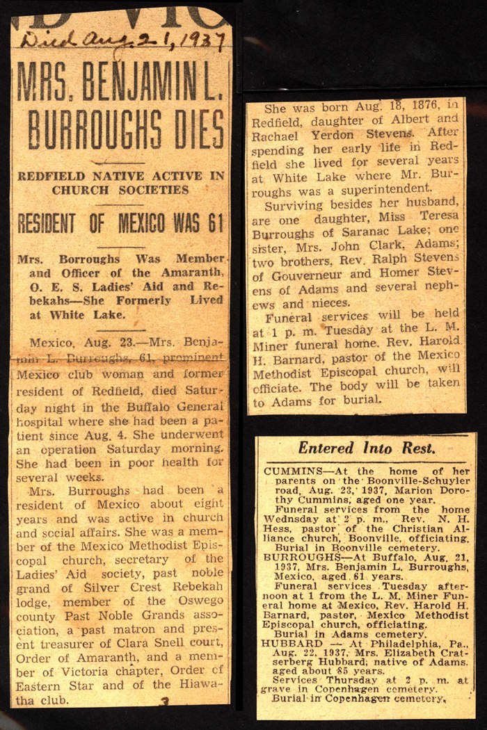 burroughs mrs benjamin l daughter of albert and rachael yerdon stevens obit august 21 1937