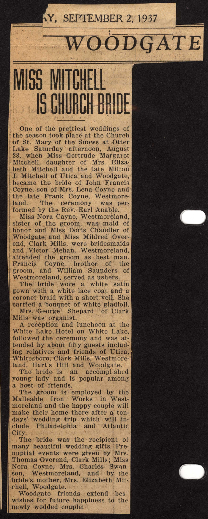coyne john francis married to mitchell gertrude margaret august 28 1937