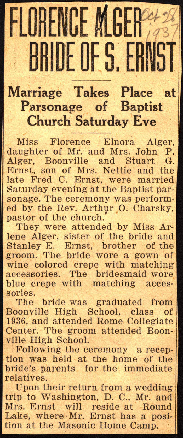ernst stuart g and alger florence elnora married october 28 1937